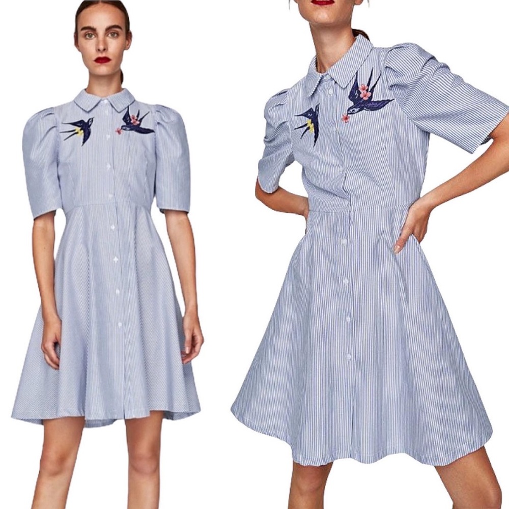 Zara Light Blue & White Striped Mini Dress with Bird Embroidery